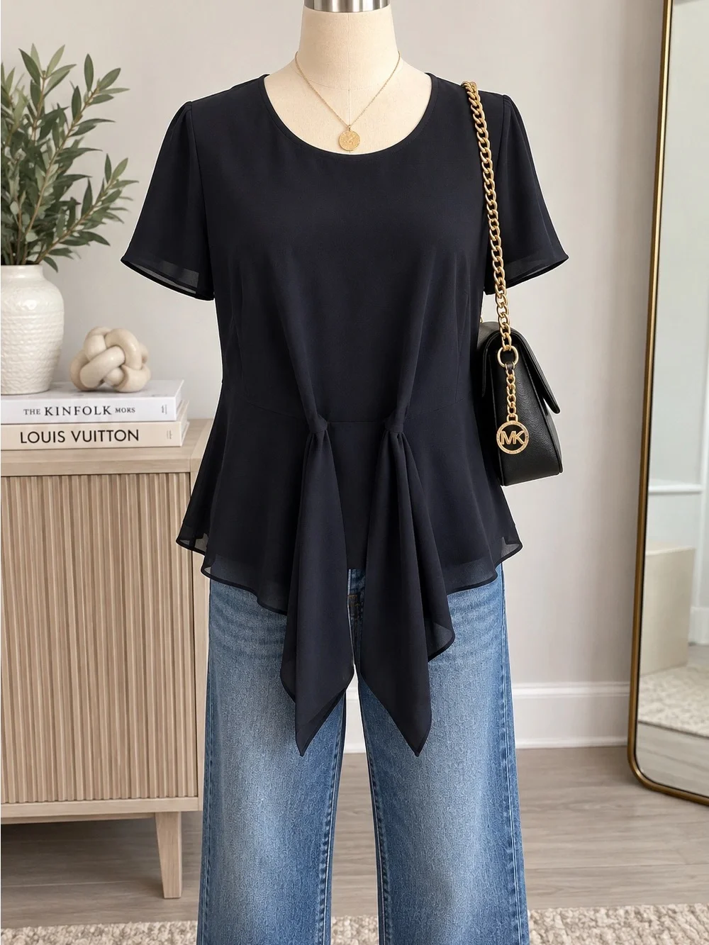 Title: Michael Kors Black Tie-Front Blouse Size M